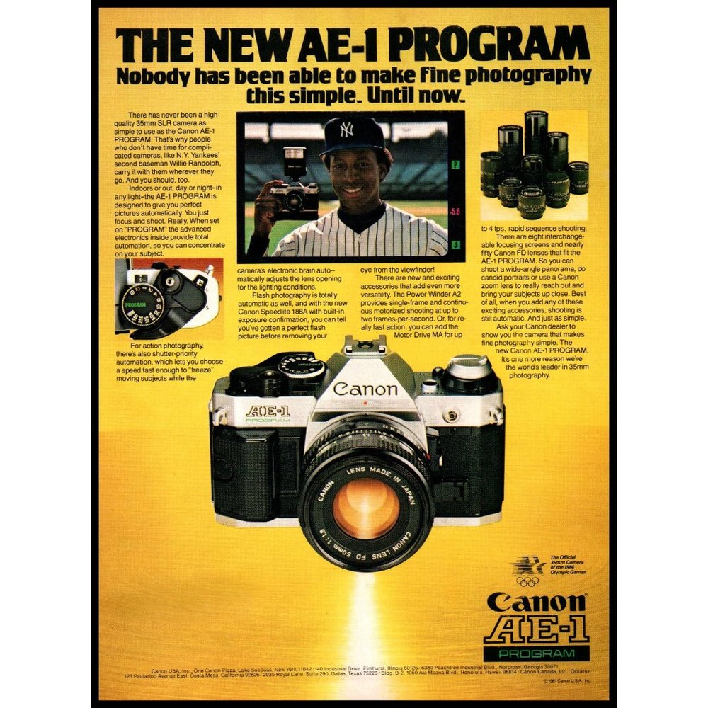 1983 Canon AE-1 Program SLR Camera Vintage Print Ad Willie Randolph Wall Art